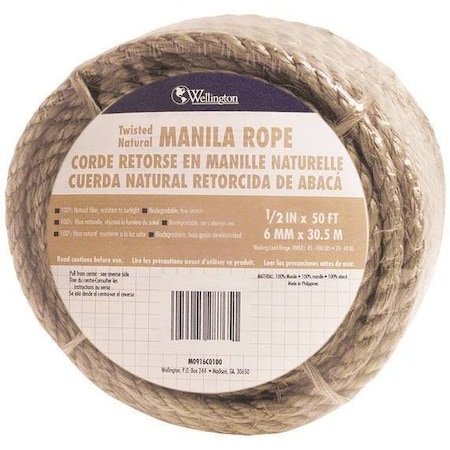 T.W. Evans Cordage 26-003 Rope, 1/2 In Dia, 50 Ft L, 360 Lb Working Load, Manila, Natural